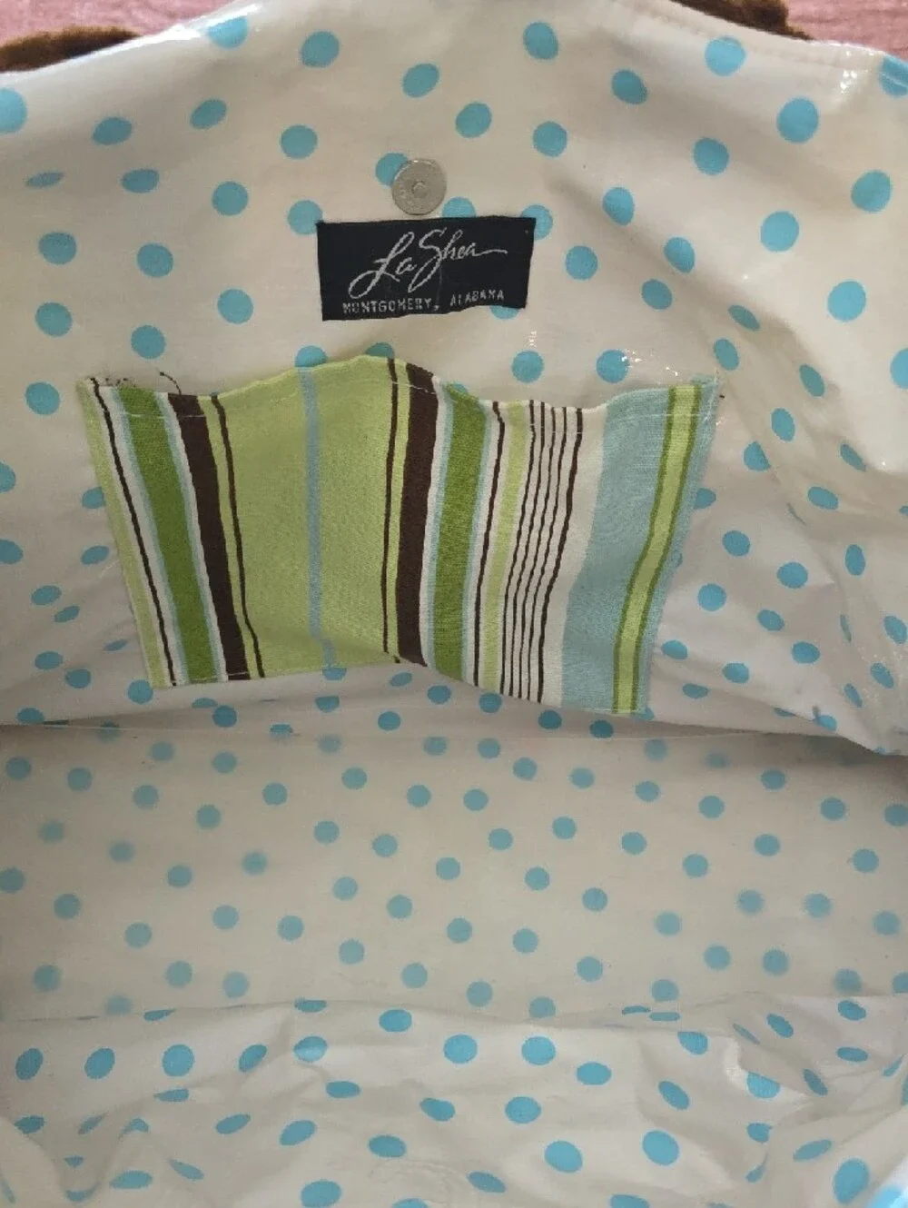 Striped Green and Brown Baby Bag with Blue Accents